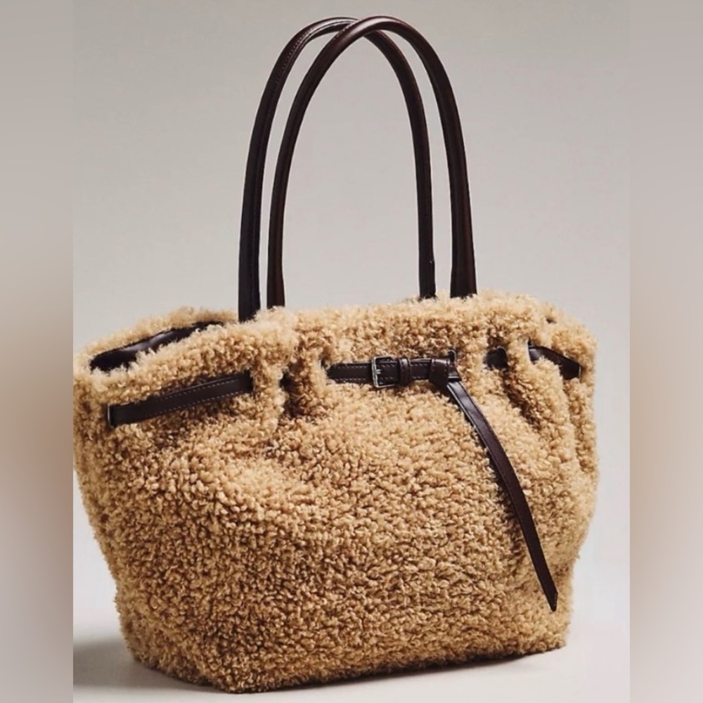 Anthropologie Fuzzy Cream Tote Bag